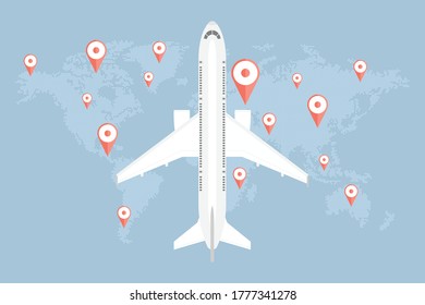 World travel concept, dots map with pins and plane background 