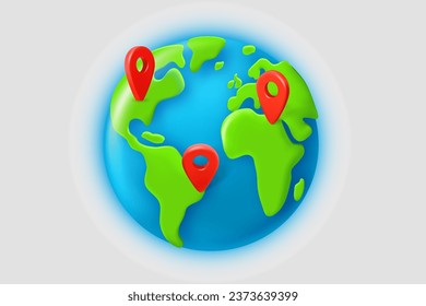 World travel concept with The Earth and map pins. 3d vector illustration