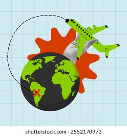 World travel concept, hand carrying airplane across the globe pop art illustration. Planning memorable trip across the map. Flat vector collage art.