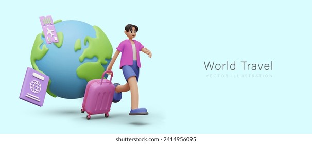 World travel concept. Happy cartoon male holding trolley bag and running to airport. Realistic planet Earth and flying passports. Vector illustration in 3d style