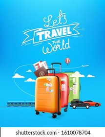 World travel concept with lettering logo. Travel baggage and different vehicles