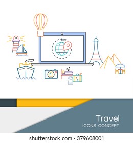 World travel concept. Line icon set of flat style designs. Tourism concept image.Holidays and vacation.