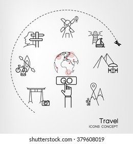 World travel concept. Line icon set of flat style designs. Tourism concept image.Holidays and vacation.