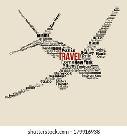 World travel concept made with words drawing a airplane on vintage background, vector illustration