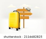 World travel concept with pointer and handbag. 3d vector illustration 