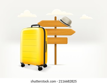 World travel concept with pointer and handbag. 3d vector illustration 