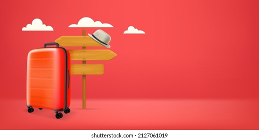 World Travel Concept With Pointer And Handbag. 3d Vector Banner With Copy Space
