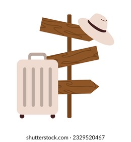 Concepto de viaje mundial con puntero, equipaje, maleta y sombrero. Viajes, concepto de vacaciones. Ilustración de estilo plano vectorial aislada en fondo blanco