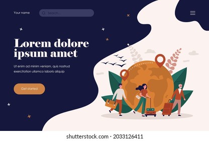 Concepto de viajes en el mundo. Cola de turistas e inmigrantes llevando equipaje, mapa con línea de destino y puntero en segundo plano. Para la migración internacional, el turismo, el concepto de vacaciones