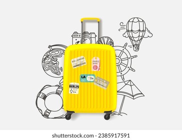 World travel concept with suitcase and doodle elements. Vector 3d illustration 
