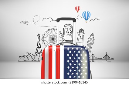 World travel concept with suitcase and famous monuments. Vector illustration 
