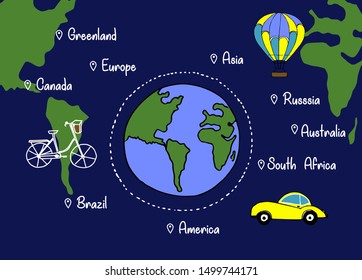 World travel concept vector with hand drawn earth, world map, hot air balloon, cycle and vintage car doodle icon