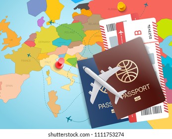 World travel concept. Vector illustration with map ans tickets