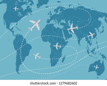 World travel concept. Vector illustration with airplane