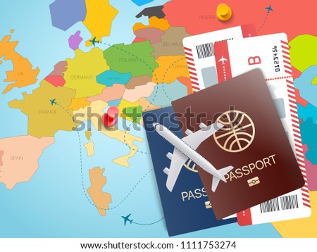 World travel concept. Vector illustration with map ans tickets