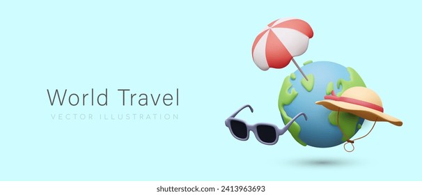 World travel concept. Visit to another country. Rest abroad. Commercial web banner with realistic illustration. Travel agency services. Time to pack suitcase