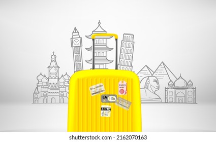 World Travel Concept With Yellow Suitcase And Famous Monuments. Vector Illustration 
