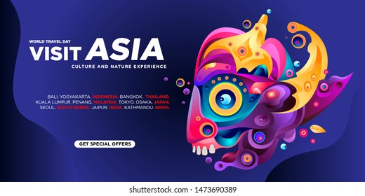 World Travel Day Asian Visit Banner Template. Vector Illustration of Indonesian Culture Mask and Puppet for Landing Page Banner.
