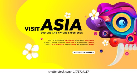 World Travel Day Asian Visit Banner Template. Vector Illustration of Indonesian Culture Mask and Puppet for Landing Page Banner.

