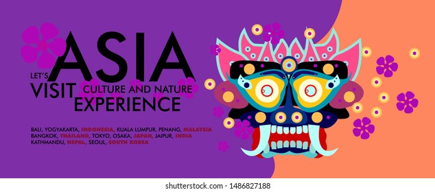 World Travel Day Asian Visit Banner or Background Template. Vector Illustration of Indonesian Barong or Culture Mask and Puppet for Landing Page Banner.