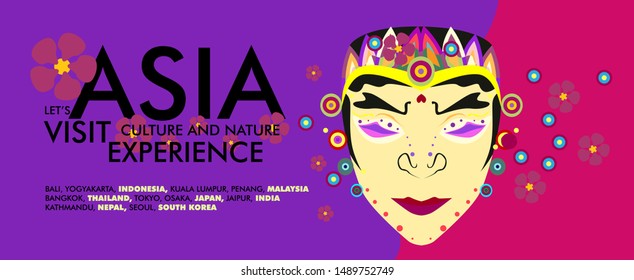 World Travel Day Asian Visit Banner or Background Template. Vector Illustration of Indonesian Arjuna or Culture Mask and Puppet for Landing Page Banner.
