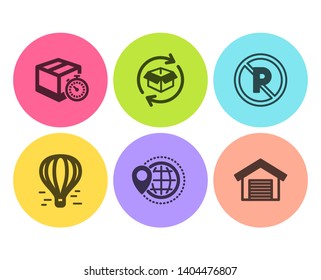 World travel, Delivery timer and No parking icons simple set. Air balloon, Return parcel and Parking garage signs. Map pointer, Express logistics. Transportation set. Flat world travel icon. Vector