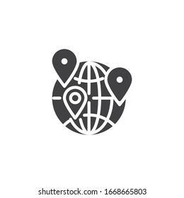 Icono vectorial de destinos de viajes mundiales. signo plano relleno para concepto móvil y diseño web. Globo con icono de glifo de pines de ubicación. Símbolo, ilustración del logotipo. Gráficos vectoriales