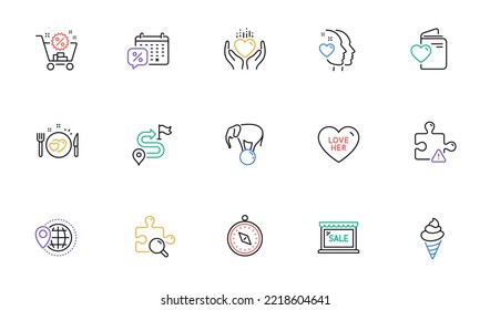 World travel, Discounts calendar and Search puzzle line icons for website, printing. Collection of Puzzle, Romantic dinner, Journey icons. Heart, Love document, Shopping cart web elements. Vector