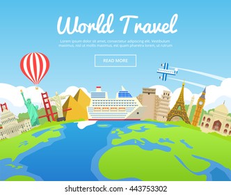 World travel famous monument concept. Landmarks grouped on planet Earth. Journey, vacation and tourism modern flat design background. Website template. Vector illustration