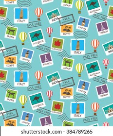 World Travel And Famous Tourism Locations  Seamless Pattern, Endless Texture Can Be Used For Wallpaper, Pattern Fills, Web Page, Background, Surface. Vector Illustration