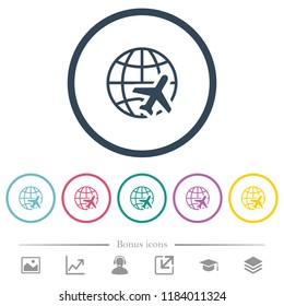 World travel flat color icons in round outlines. 6 bonus icons included.