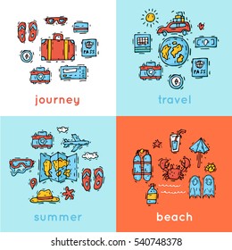 Viajes mundiales. Dibujado a mano. Planeando vacaciones de verano. Vacaciones de verano, viajes, viajes. Turismo y tema de vacaciones. Ilustración vectorial de diseño plano.