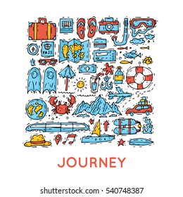 World Travel. Hand drawn. Planning summer vacations. Summer holiday, journey, traveling set of icons. Tourism and vacation theme. Flat design vector illustration.