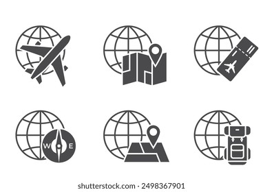 world travel icon set. globe illustration. vacation and journey symbols. vector images for tourism design