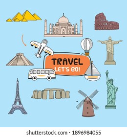 world travel iconic destination with modes of transportation hand drawn