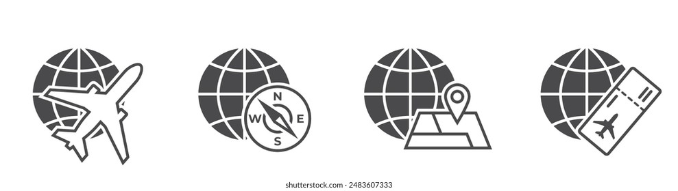 world travel icons. plane, ticket, compass and globe. vacation and journey symbols. isolated vector images for tourism design