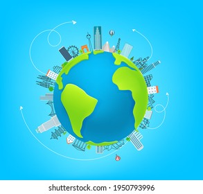 World travel illustration with famous world sights. Vector banner