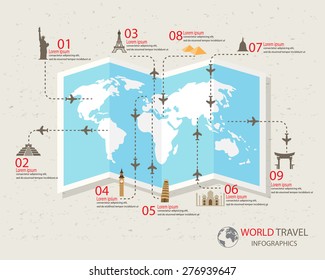 world travel info graphics elements. items are included world famous landmark, can be used for workflow layout, diagram, step up options, web design. Vector illustration.