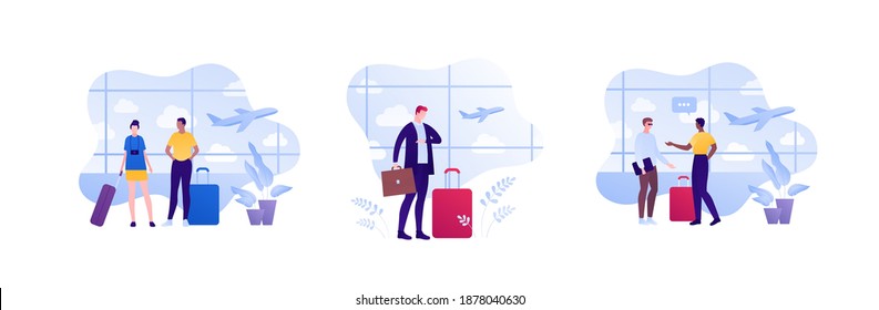 World Travel, International Tourism And Business Concept. Vector Flat People Illustration Set. Group Of Multiethnic Male And Female Character With Luggage Bag And Briefcase On Airport Background.