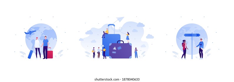 World travel and international tourism concept. Vector flat people illustration set. Planet Earth, luggage bag and briefcase sign. Group of multiethnic character. Aviation and plane symbols.