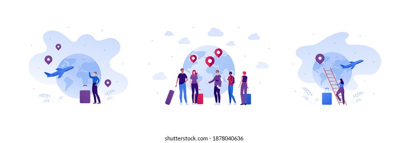 World Travel And International Tourism Concept. Vector Flat People Illustration Set. Group Of Multiethnic Male And Female Character With Luggage Bag And Briefcase On Planet Earth Background.