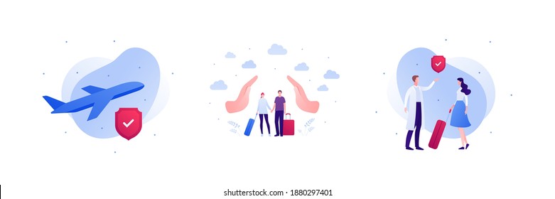 World Travel And International Tourism Insurance Concept. Vector Flat People Illustration Set. Airplane With Red Shield And Checkmark. Couple Of Tourist Passenger With Luggage Bag. Doctor Character.