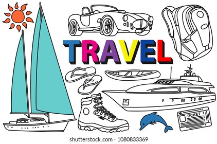 World Travel Kit. Set of vector sketches hand-drawn. Popular symbols of the tourism and travel