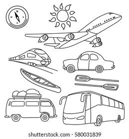 World Travel Kit. Set of vector sketches hand-drawn. Popular symbols of the tourism and travel