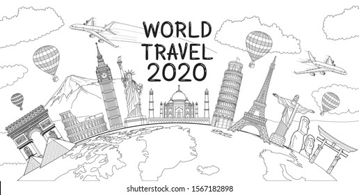 World travel landmark doodles style vector illustrations.