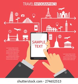 world travel landmark infographics elements and background.  mobile technology concept. Can be used for  tourism business layout, banner, diagram, web design, brochure template. vector illustration
