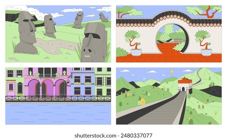 World travel landscapes cartoon flat illustrations set. Worldwide tourist destinations 2D line landmarks colorful backgrounds collection. Famous historical places scenes vector storytelling images