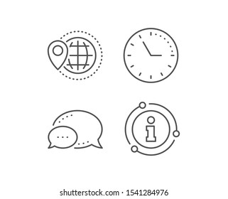 World travel line icon. Chat bubble, info sign elements. Trip globe sign. Map location pointer symbol. Linear world travel outline icon. Information bubble. Vector
