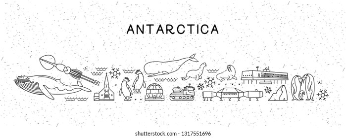 World Travel Line Icons Antarctica Map.  Travel Poster with animals and sightseeing attractions.  Inspirational Vector Illustration.