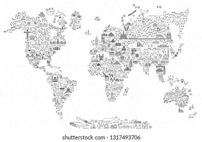 World Travel Line Icons Map.  Travel Poster with animals and sightseeing attractions.  Inspirational Vector Illustration.